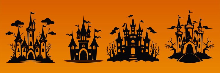 Vector set of vector halloween castle landscape black castle sillhouette castle sillhouette with trees