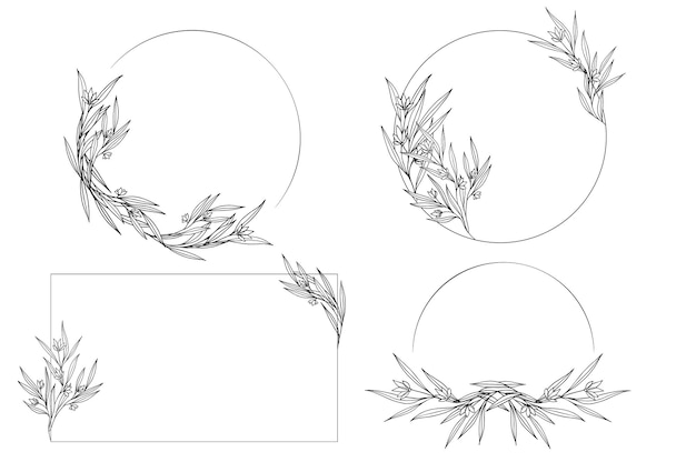 Набор векторных рисованной ботанической рамки с цветами Элегантный минималистичный стиль цветочной изолированной иллюстрации Круглая линия границы свадебные приглашения и открытки дизайн логотипа и плакаты шаблон татуировки