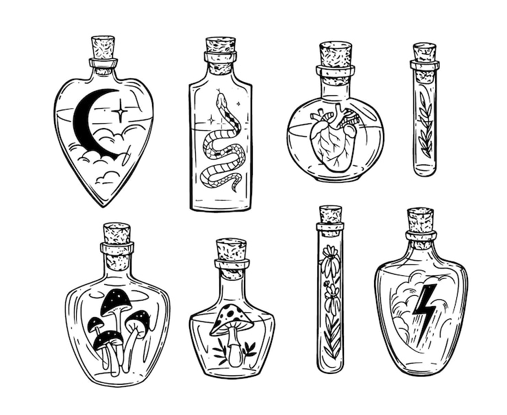 Vector set of vector hand drawn bottles with magic potion doodle vector illustration of vials jars flask