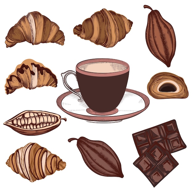 Vettore set di croissant disegnati a mano vettoriali, fagioli di cacao, cioccolato e tazza