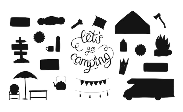 Set of vector hand drawn flat silhouette illustrations