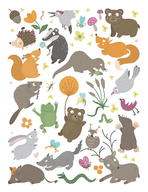 Vector set of vector hand drawn flat woodland animals vertical set funny background forest scene