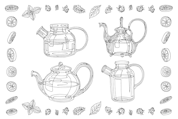 Set of vector hand drawn glass teapots with tea black and white illustration Teapots lemon slices rosebuds and mint