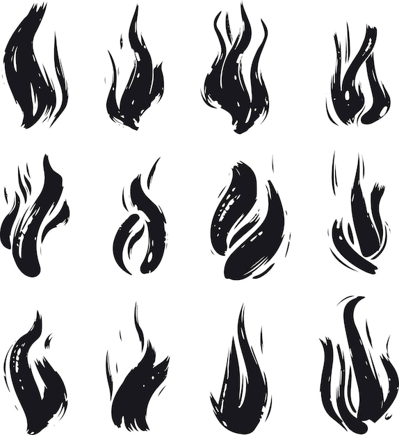 Vector set of vector hand drawn grunge style black flames and strokes