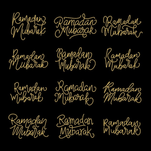 Set vector handwritten calligraphic inscriptions Ramadan Mubarak line lettering modern calligraphy Hand drawn elements