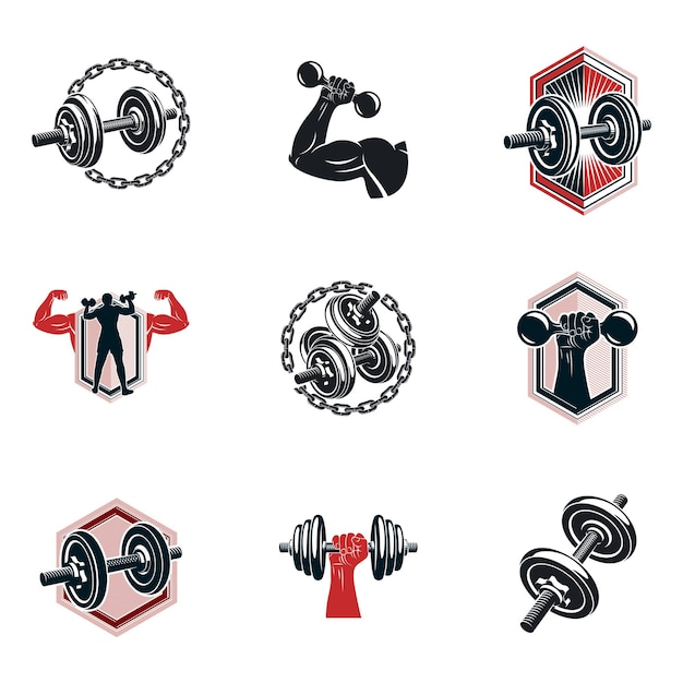 Set of vector heavy load theme illustrations created with dumbbells and disc weights sport equipment. Strong man perfect body.