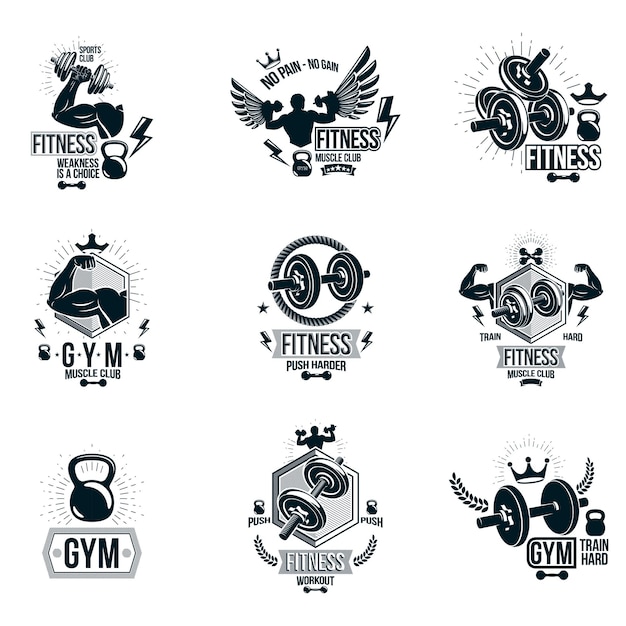 Vector set of vector heavy load theme symbols and advertising leaflets composed with dumbbells, kettle bells sport equipment and strong man body silhouettes.