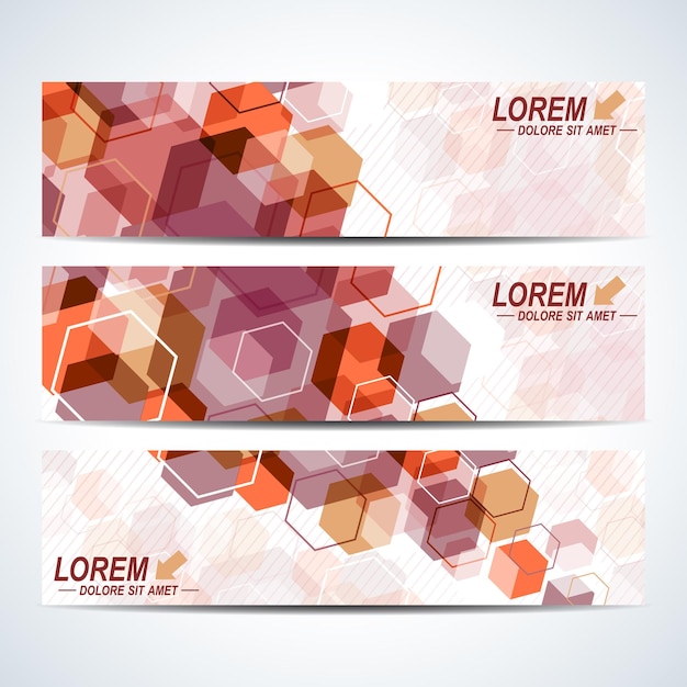 Set of the vector horizontal banners. Background with colorful hexagons. Modern stylish design.