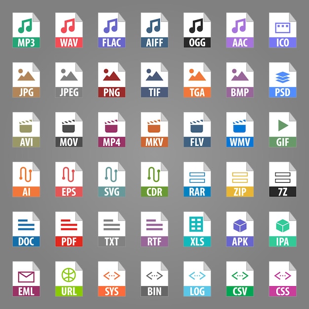 Vector set of vector icons audio, video, vector, programming, photo, text file types