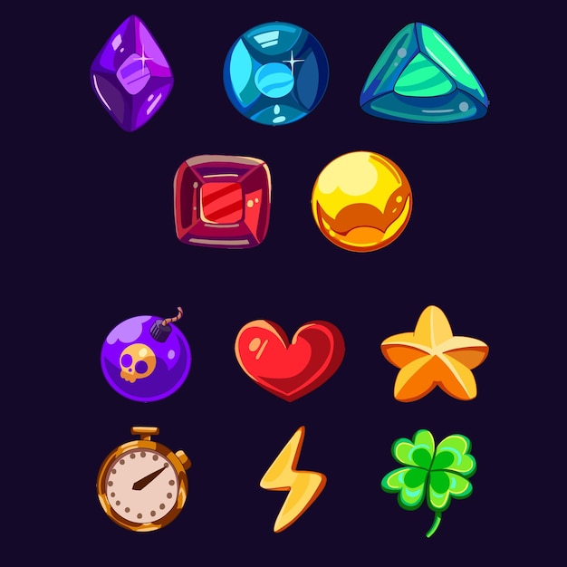 A set of vector icons in a casual style for games and applications. game art elements gems, bomb, heart, star, timer,lightning, four-leaf clover of bright icons for creating a game