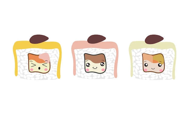 A set of vector icons of delicious colored sushi rolls in the style of kawaii