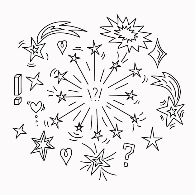 Vector set of vector icons in doodle style stars question marks exclamation mark