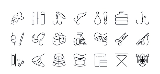 A set of vector icons from a thin line of equipment and goods for fishing