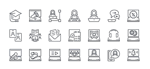 A set of vector icons from a thin line of online learning online education