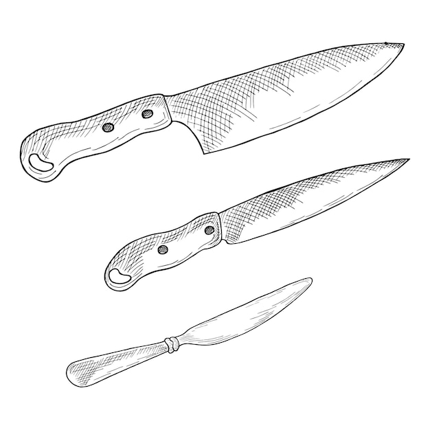 Vector a set of vector icons of kitchen knives drawn by hand