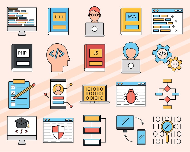 Vector set of vector icons related to programming and coding including computers and code symbols