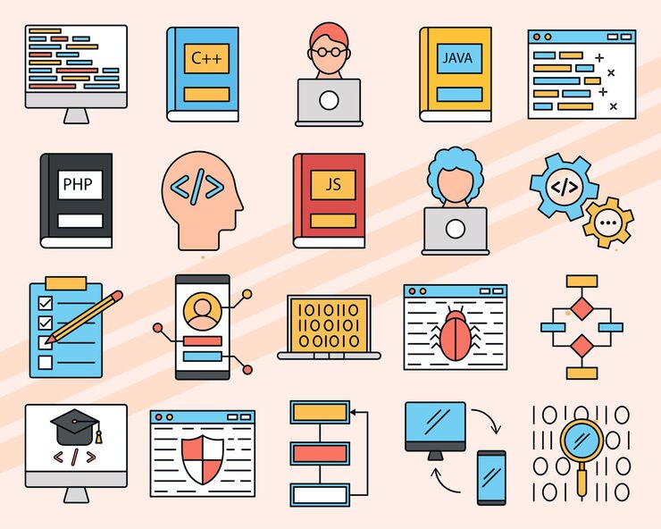 Vector set of vector icons related to programming and coding including computers and code symbols