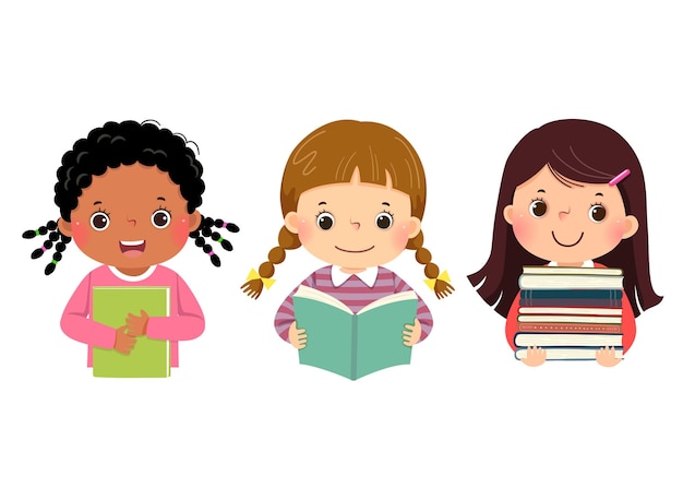 Vector set of vector illustration cartoon of little girls with books book lover concept