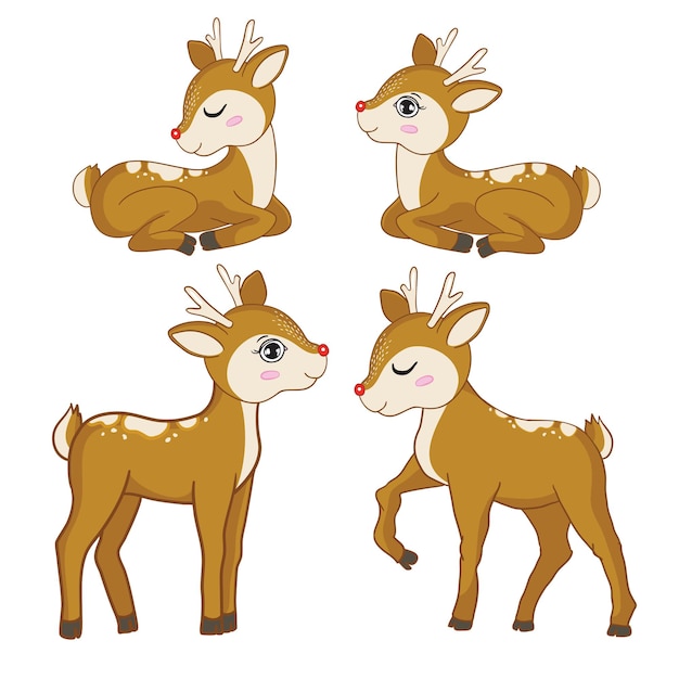 Set of vector illustration of a cute funny deer. isolated objects on a white background.