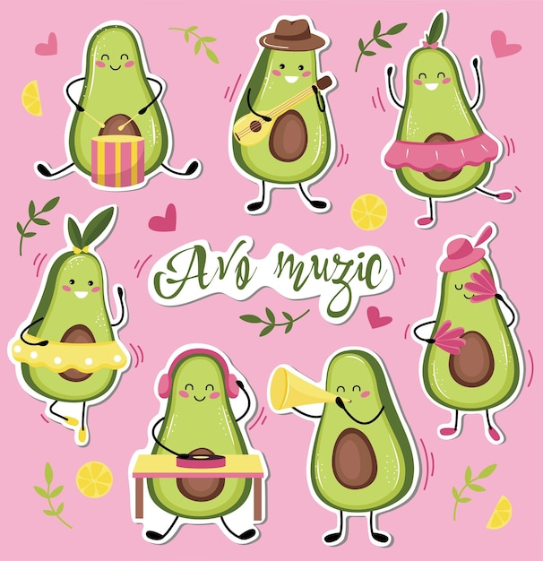 Vector set vector illustration of cute music avocado fruit or character playing guitar cute kawaii avocado