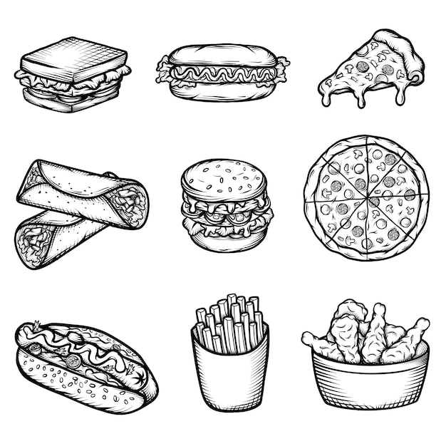 Impostare l'illustrazione vettoriale della deliziosa raccolta di fast food. set di cibo spazzatura illustrazione di cibo vettoriale