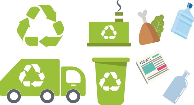 リサイクル廃棄物の分別に関する緑色のベクトル図を設定します。