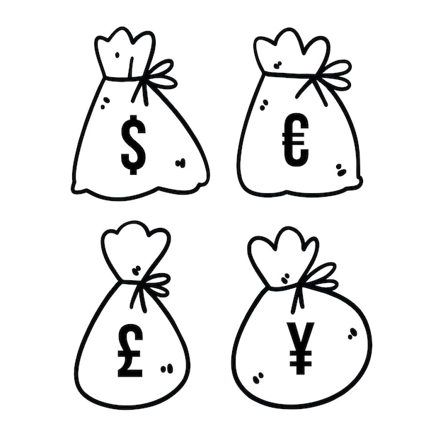 Impostare l'illustrazione vettoriale della borsa dei soldi disegnata a mano con stile arte doodle valuta