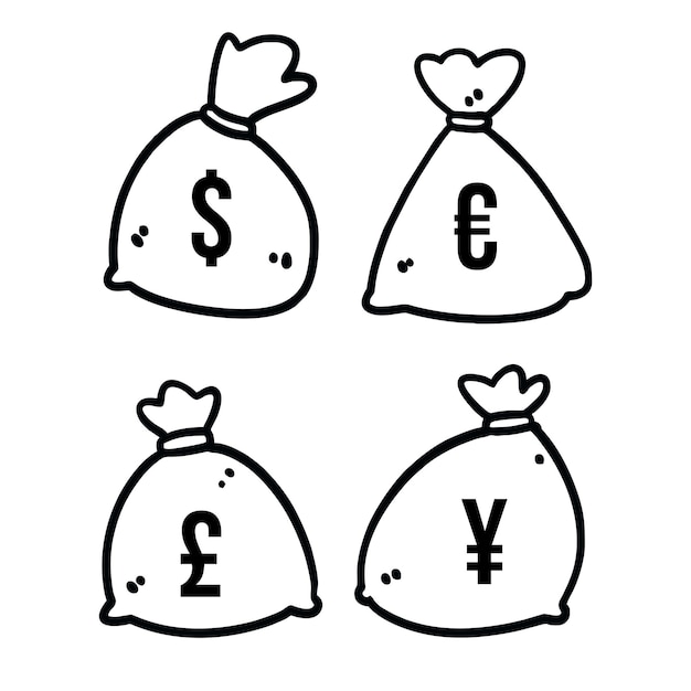 Set vector illustration of hand drawn money bag with currency doodle art style