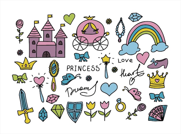 Impostare illustrazione vettoriale disegnato a mano abbozzato fiaba principessa tiara corona doodle elementi di design set...