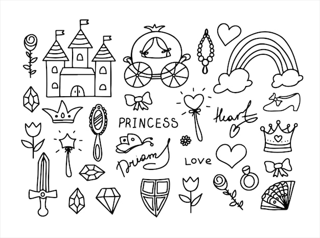 Impostare illustrazione vettoriale disegnato a mano abbozzato fiaba principessa tiara corona doodle elementi di design set...