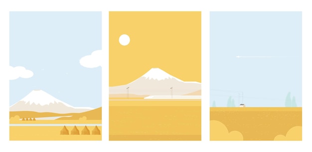 Set of vector illustration minimal landscape of summer in japan countryside farmhouse with mt fuji