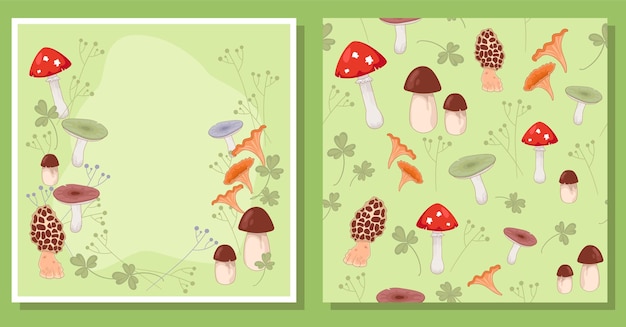 Set of vector illustration and seamless pattern. Mushrooms and blade of grass on green background.