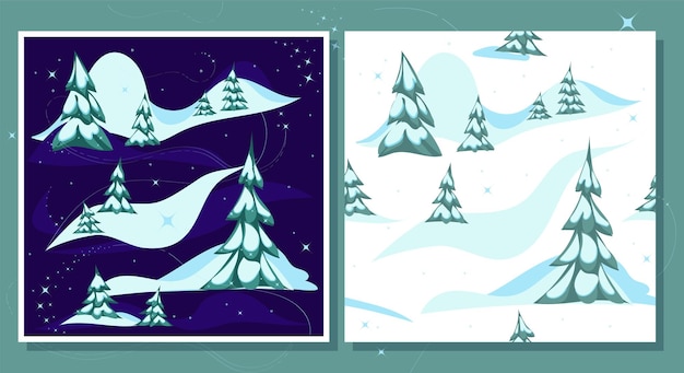 Set of vector illustration and seamless pattern. Snowy Christmass trees.