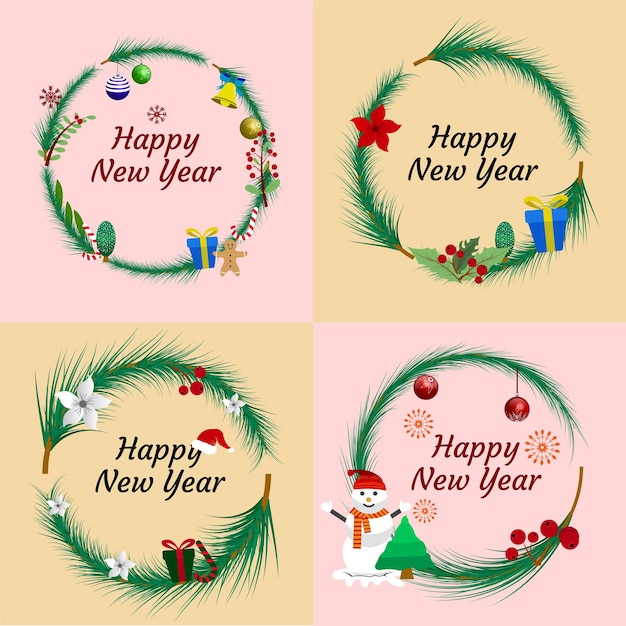 セット, の, ベクトル, イラスト, 木, 円, フレーム, クリスマス, 新年おめでとう