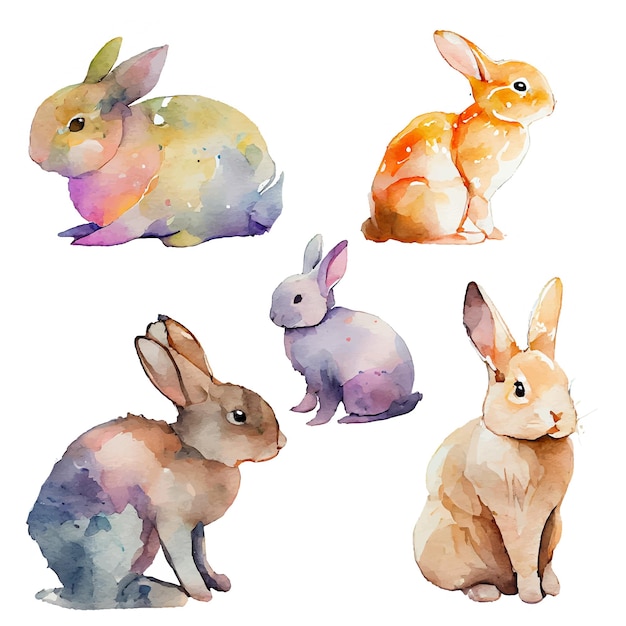 Set vector illustration of watercolor rabbit on white isotate background