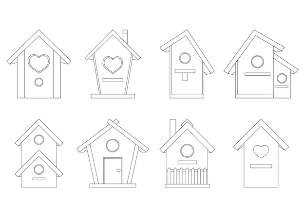 Set vector illustration wooden birdhouse, hut, small wooden house, coloring book, doodle and sketch