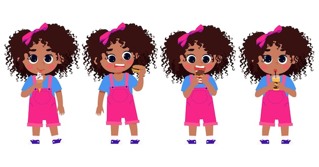 Vector set of vector illustrations of black girl doing different actions with snacks
