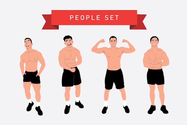 Set of vector illustrations of a bodybuilder in different poses Flat style