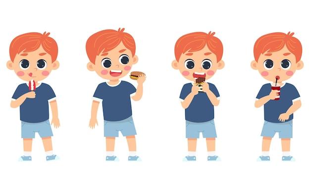 Set of vector illustrations of boy doing different actions with snacks