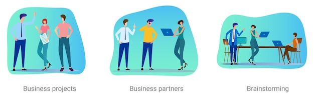 A set of vector illustrations on a business topic Business projects Business partners Brainstorming