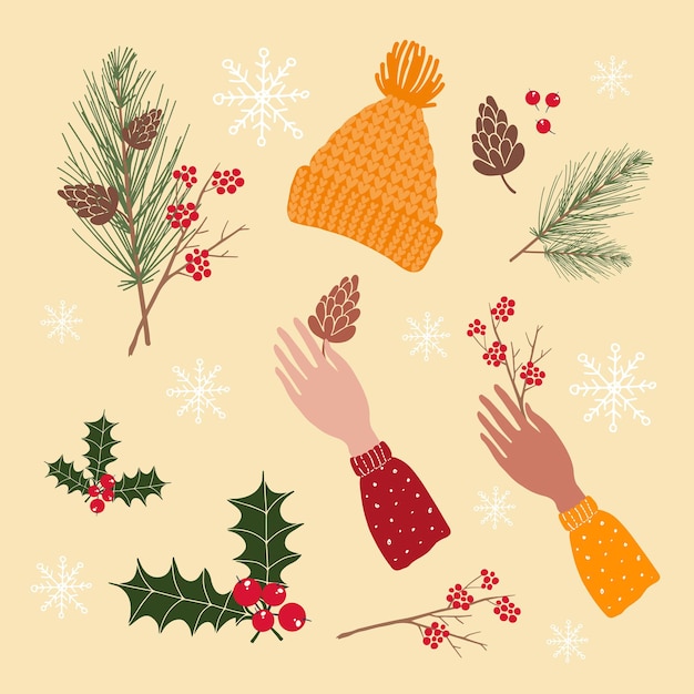 set of vector illustrations for christmas holidays winter theme plants clothes hands