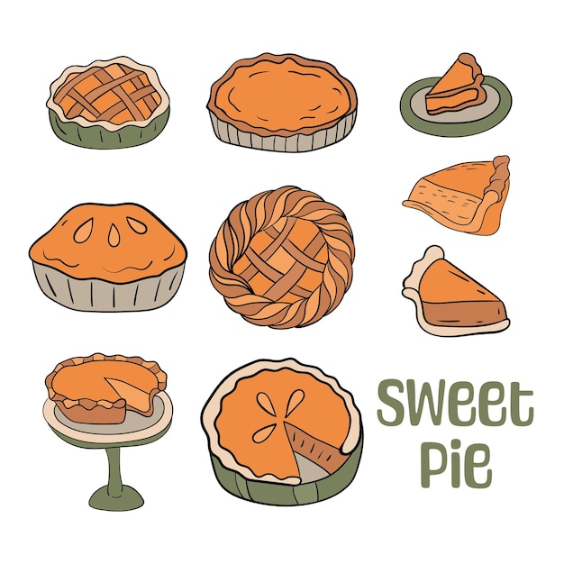 Set of vector illustrations depicting a handdrawn pie