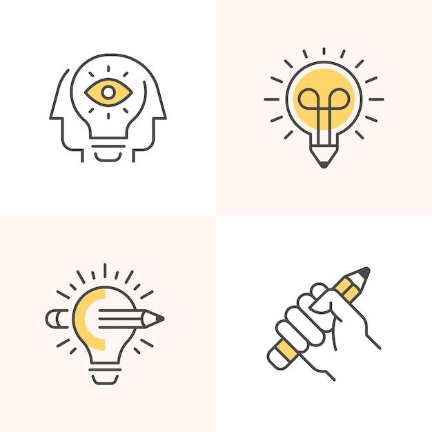 Set of vector illustrations of different abstract icon symbolizing creative process and imagination