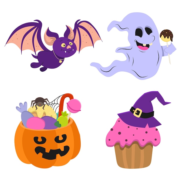 Una serie di illustrazioni vettoriali di un pipistrello divertente e un fantasma con una caramella di halloween