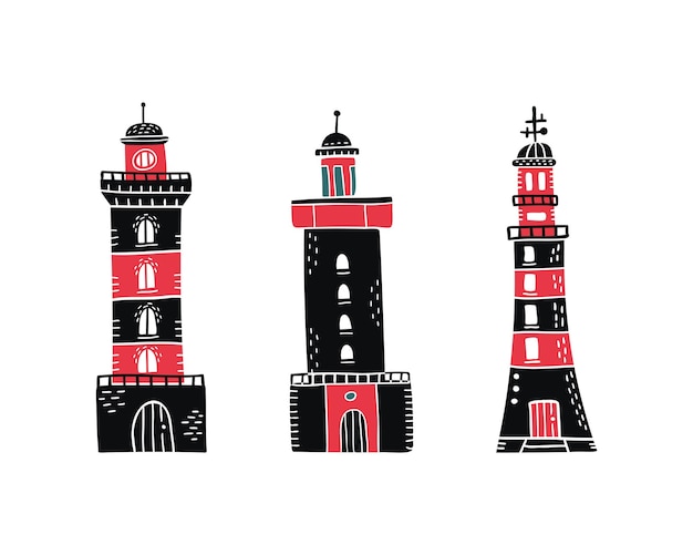 A set of vector illustrations of lighthouses