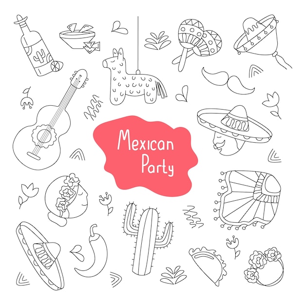 Set of vector illustrations mexican party in doodle style