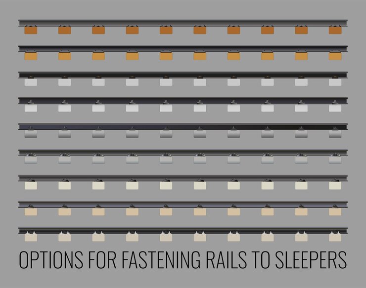 Vector set of vector illustrations of options for attaching rails to sleepers
