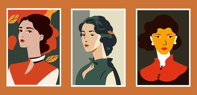 Set of vector illustrations of portraits of beautiful young women in retro style