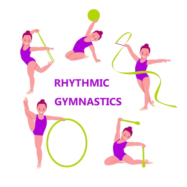 Vettore set di illustrazioni vettoriali di ginnastica ritmica. bambine con attrezzatura da ginnastica. stile cartone animato piatto. isolato su uno sfondo bianco.