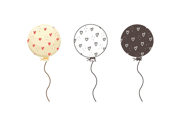 Set of vector illustrations of a round balloons. Illustration for Valentine's Day in outlines, flat and simple style.